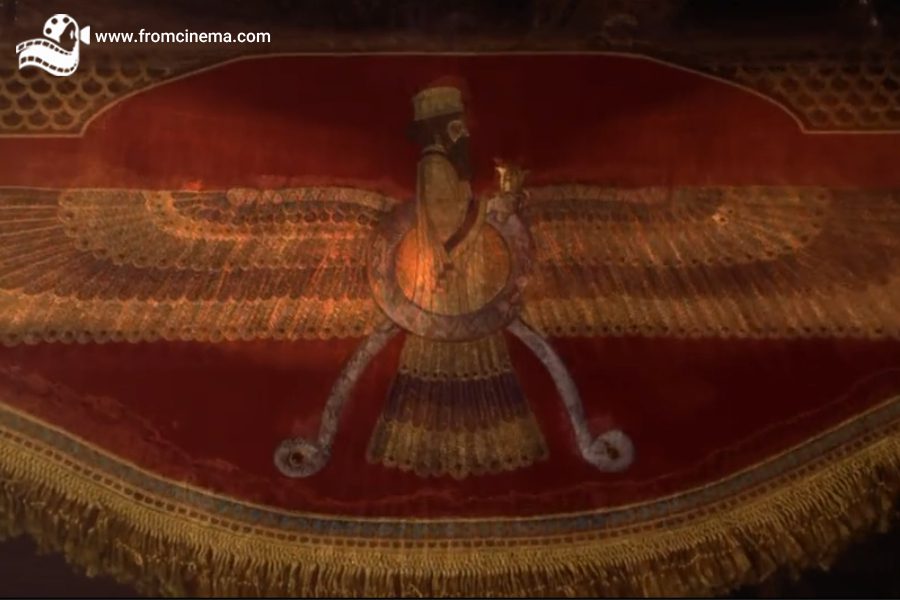 تصویری از فروهر بر پرچم‌های کاخ بابل در دوران هخامنشی